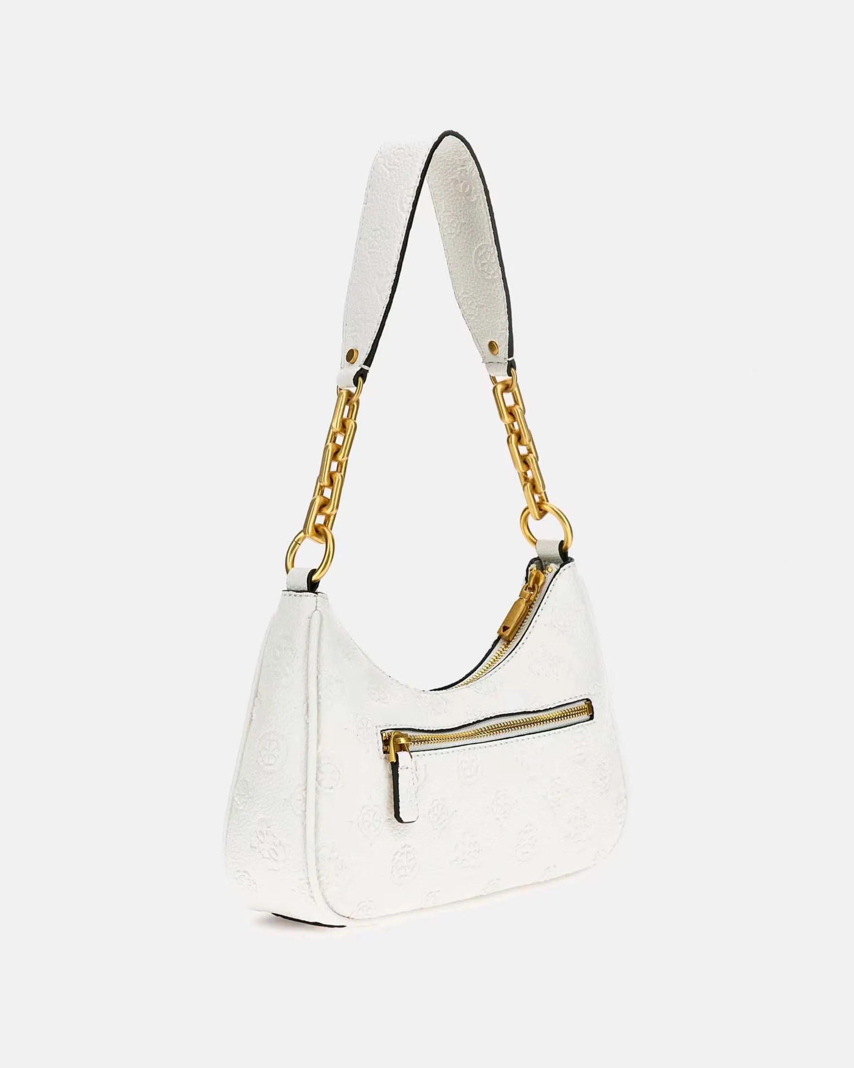 Borsa a spalla bianca a mezzaluna in similpelle a fantasia monogram a rilievo con listino logo sul davanti