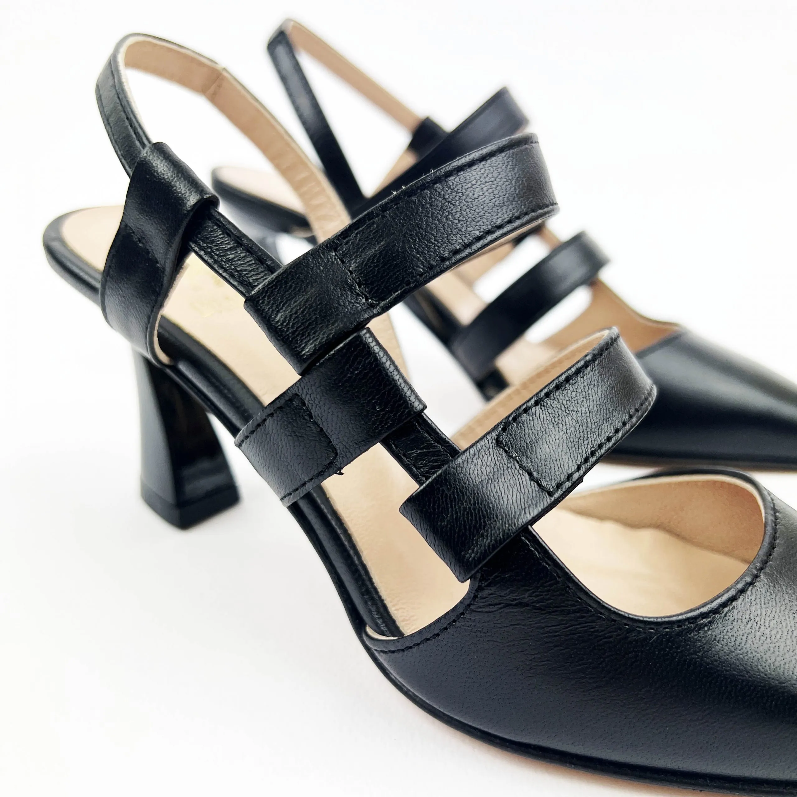 Brando Slingback in pelle con listini e tacco rocchetto nero