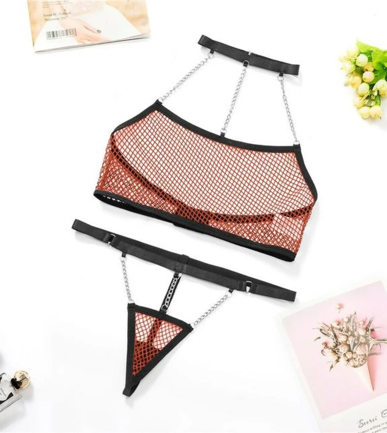 Ellolace Fishing Net Lingerie With Chain  Porn Underwear Women Body Naked Uncensored Intimate Sissy See Through Outfits