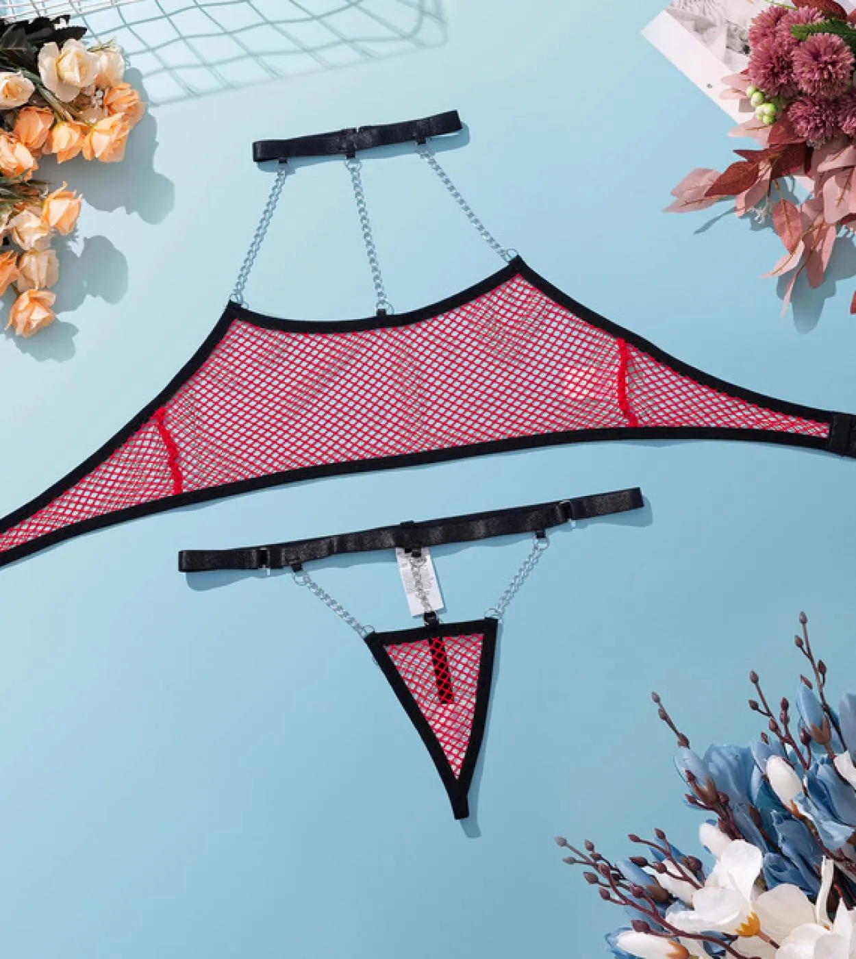Ellolace Fishing Net Lingerie With Chain  Porn Underwear Women Body Naked Uncensored Intimate Sissy See Through Outfits