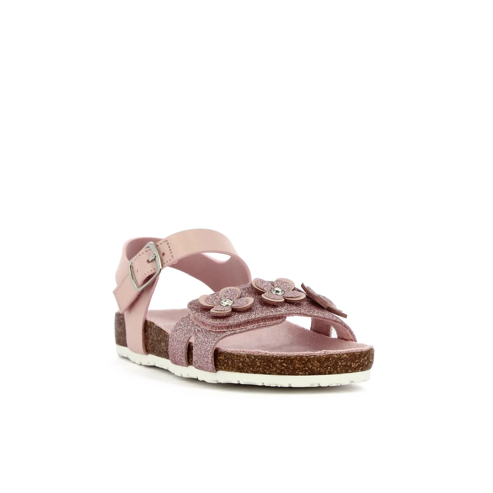 Sandali rosa glitter con fiorellini, velcro e cinturino