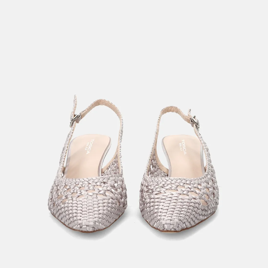 Slingback Tosca Blu Denise in pelle intrecciata argento con tacco comodo