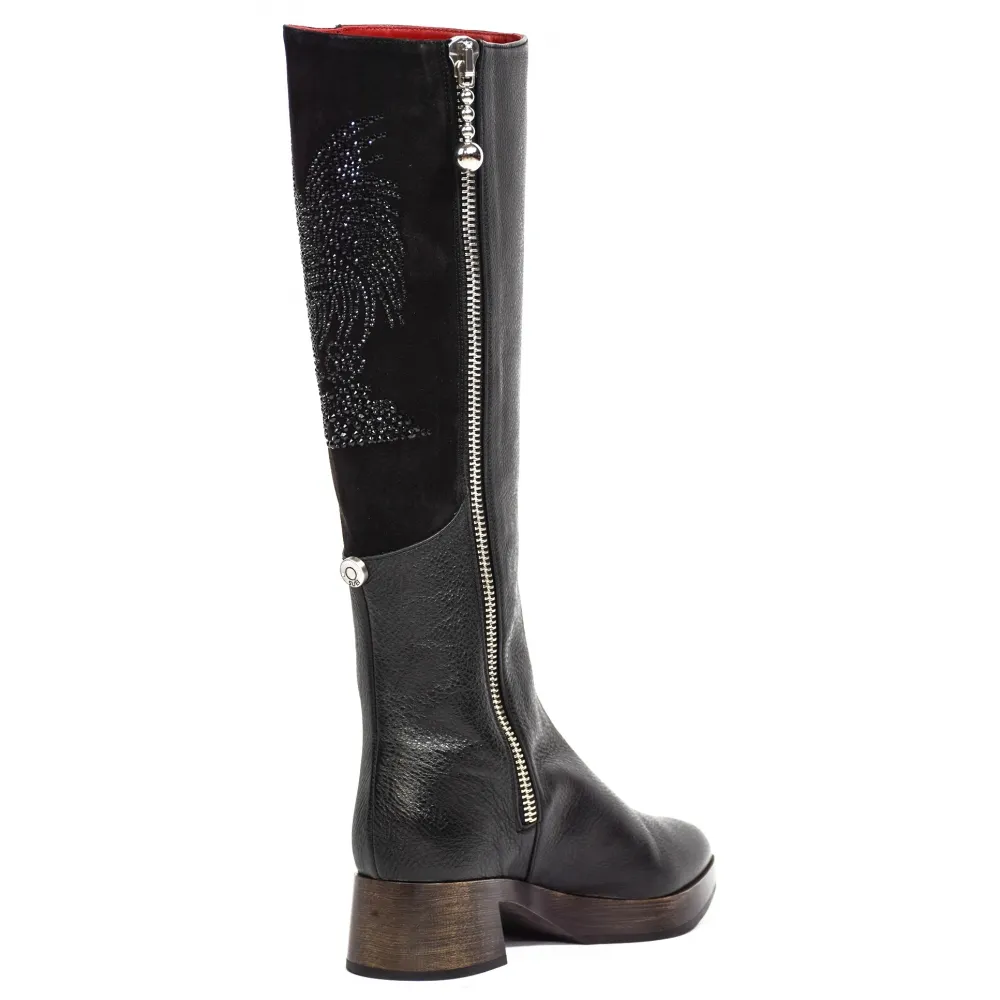 Suèi - Stivali Neri con Gallo Strass - Nero - Marrone Scuro - Handmade in Italy - Luxury Exclusive Collection