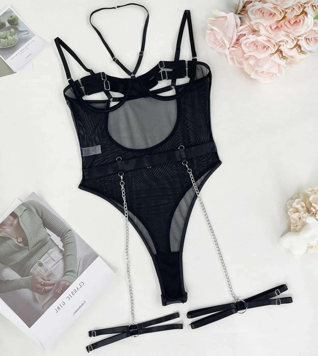 Yimunancy Fasciatura Body Donna Catena Giarrettiera Lingerie Set Halter Body Body Femme